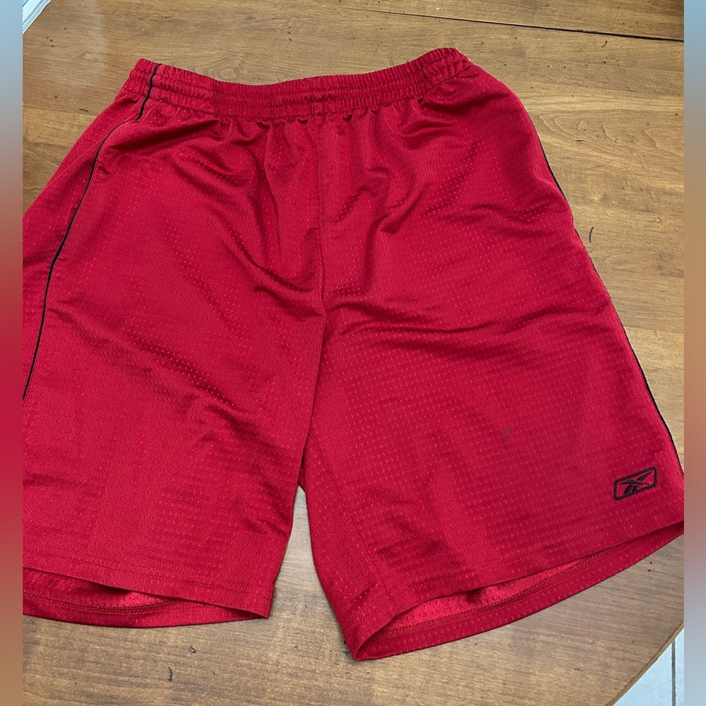 Vintage Reebok Men's Red Athletic Mesh Shorts with Black Trim L